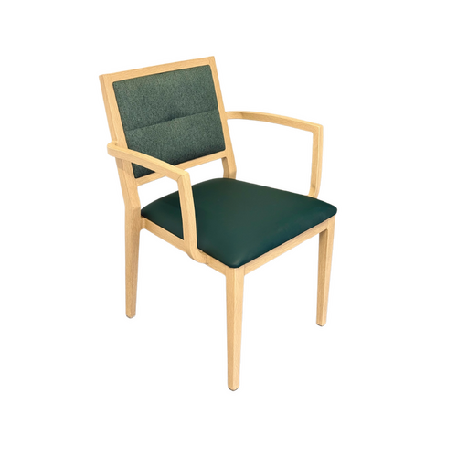 Handrix Dining Chair Stackable. Faux Leather Seat. Backrest in green fabric