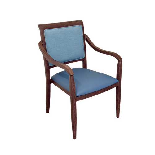 Hugh Dining Chair Stackable. Faux Leather Seat. Backrest in Green fabric