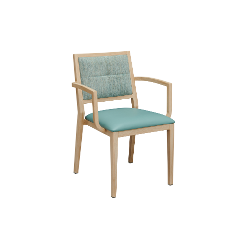 Handrix dining chair. stackable. Vinyl Seat wipeable. fabric Backrest